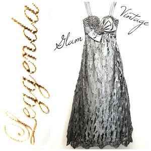 Vintage Leggenda Silver/Gray/Gold Cutout W/Bling & Bow Long Gown